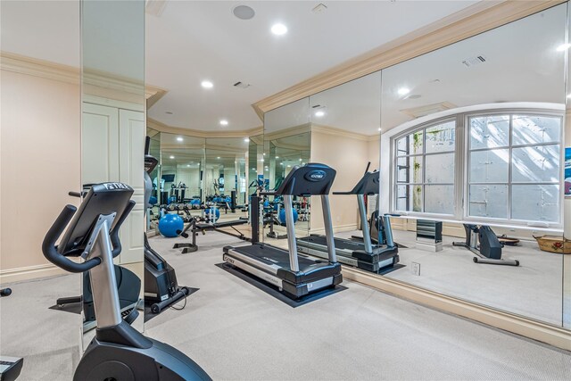 167 Brookville Rd, Brookville, NY 11545 - exercise room featuring crown molding, baseboards, carpet, and recessed lighting