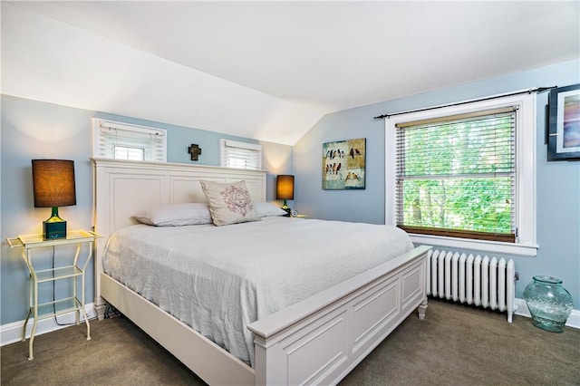 437 Carroll Ave, Mamaroneck, NY 10543 - bedroom with radiator heating unit, dark colored carpet, multiple windows, lofted ceiling, and baseboards