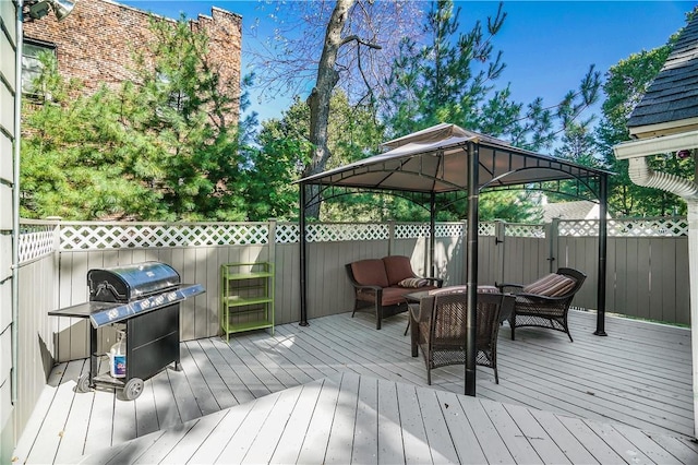 437 Carroll Ave, Mamaroneck, NY 10543 - wooden terrace with grilling area, an outdoor living space, and a gazebo