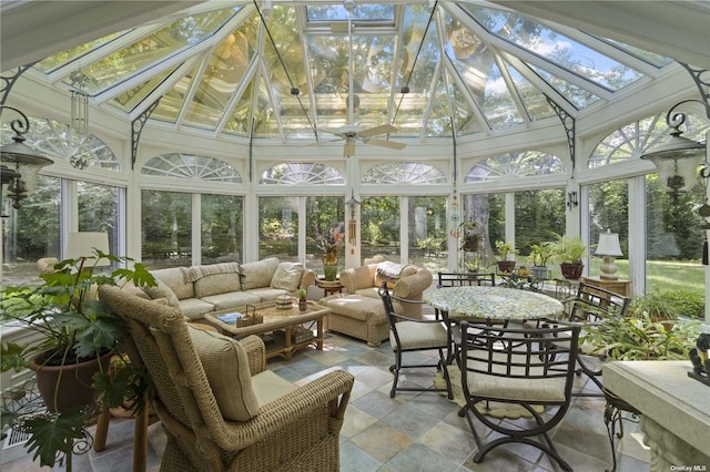 822 Bryant Ave, Roslyn Harbor, NY 11576 - sunroom featuring a skylight, high vaulted ceiling, and plenty of natural light