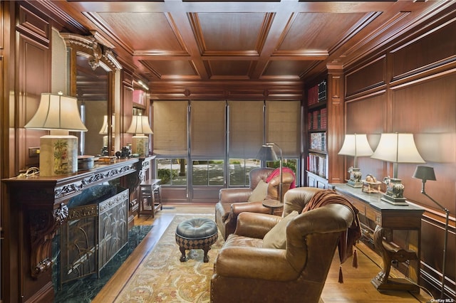 822 Bryant Ave, Roslyn Harbor, NY 11576 - living area featuring crown molding, a fireplace, wood finished floors, and wooden ceiling