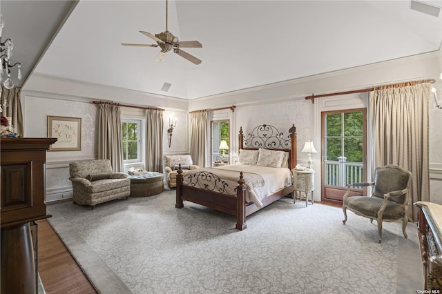 822 Bryant Ave, Roslyn Harbor, NY 11576 - bedroom featuring ceiling fan, visible vents, multiple windows, and high vaulted ceiling