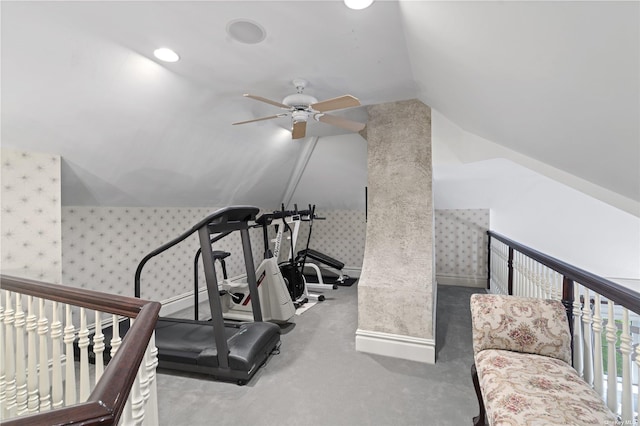 822 Bryant Ave, Roslyn Harbor, NY 11576 - workout room featuring lofted ceiling, baseboards, ceiling fan, wallpapered walls, and carpet
