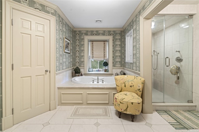 822 Bryant Ave, Roslyn Harbor, NY 11576 - full bath with a garden tub, a stall shower, tile patterned floors, and wallpapered walls