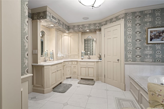 822 Bryant Ave, Roslyn Harbor, NY 11576 - bathroom featuring double vanity, a sink, tile patterned floors, wallpapered walls, and a tub to relax in