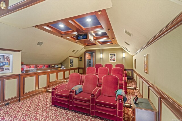 822 Bryant Ave, Roslyn Harbor, NY 11576 - carpeted cinema room with a decorative wall, a wainscoted wall, vaulted ceiling, and visible vents