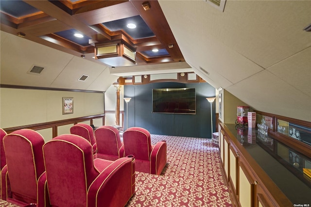 822 Bryant Ave, Roslyn Harbor, NY 11576 - cinema room with visible vents, carpet flooring, lofted ceiling, and a decorative wall