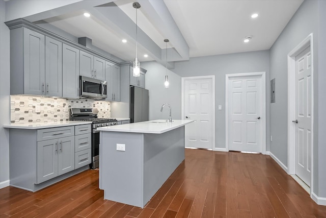 955 Crescent St, Brooklyn, NY 11208 - kitchen featuring a sink, appliances with stainless steel finishes, dark wood-style floors, and gray cabinets