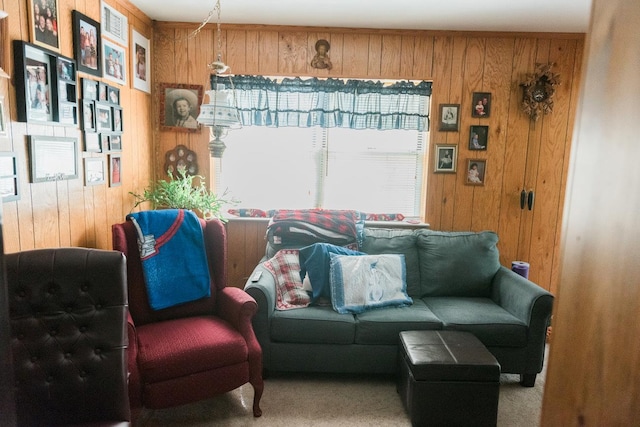 3 Cloister Ln, Middle Island, NY 11953 - carpeted living room featuring wood walls