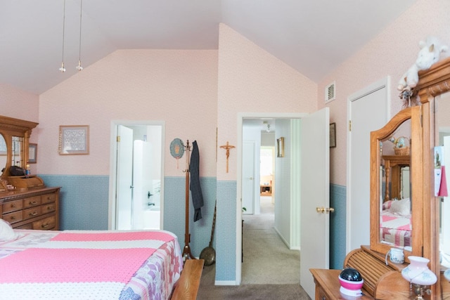 3 Cloister Ln, Middle Island, NY 11953 - bedroom with carpet flooring, visible vents, lofted ceiling, and a wainscoted wall