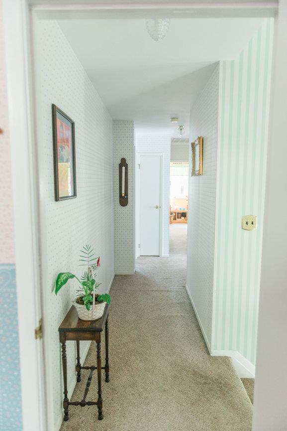 3 Cloister Ln, Middle Island, NY 11953 - hallway featuring carpet floors and wallpapered walls