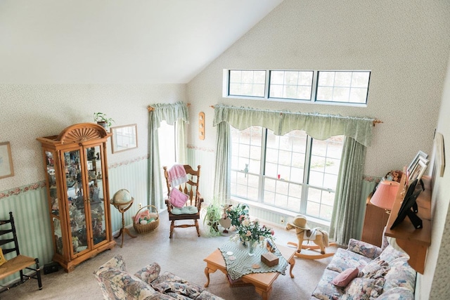 3 Cloister Ln, Middle Island, NY 11953 - living area with carpet flooring, high vaulted ceiling, and wallpapered walls