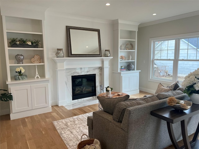10 19th St, Jericho, NY 11753 - living room featuring light wood-style floors, a high end fireplace, crown molding, built in features, and recessed lighting