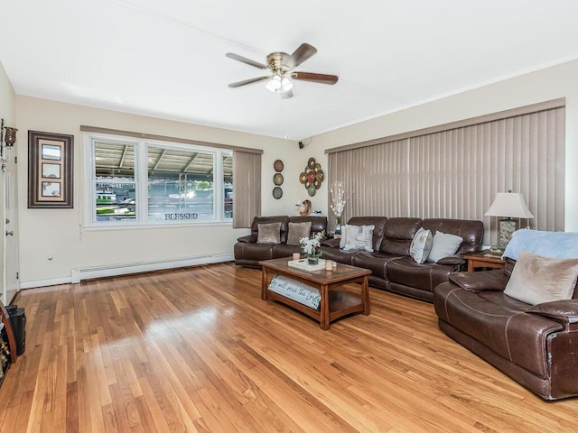 314 Mclean Ave, Yonkers, NY 10705 - living room with light wood-style floors, baseboards, a ceiling fan, and a baseboard heating unit