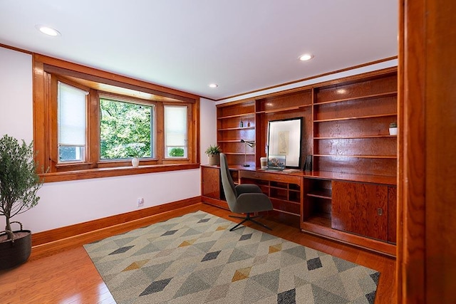 office with baseboards, recessed lighting, and wood finished floors