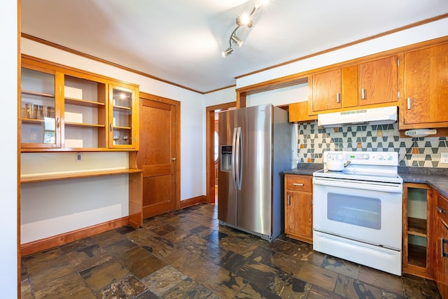 kitchen featuring white range with electric cooktop, brown cabinets, stainless steel fridge with ice dispenser, baseboards, and under cabinet range hood