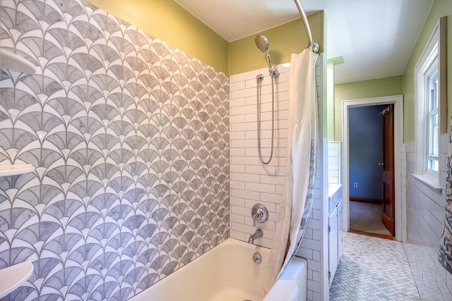full bathroom with shower / bath combination with curtain