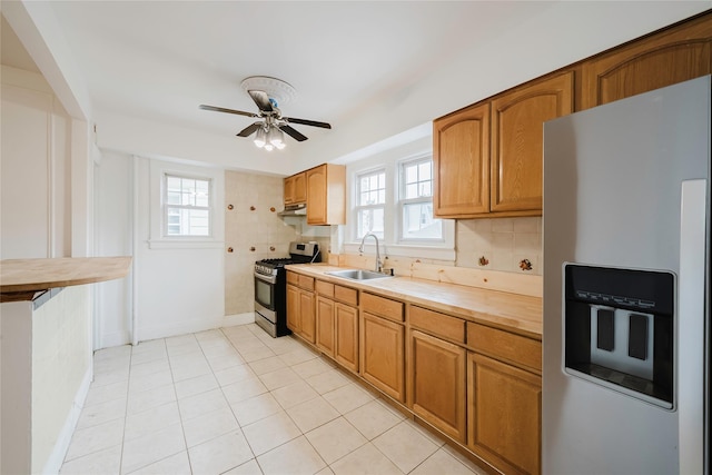 4220 Wickham Ave, Bronx, NY 10466 - kitchen featuring decorative backsplash, wooden counters, appliances with stainless steel finishes, a sink, and under cabinet range hood