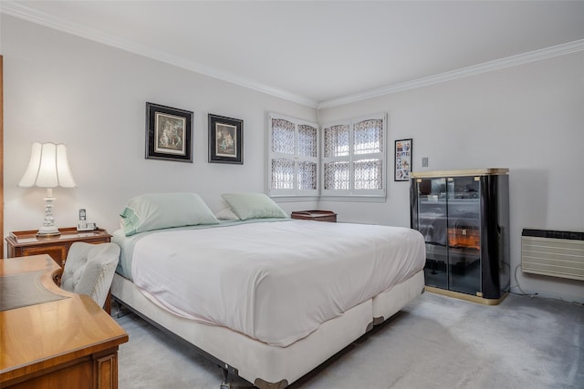 bedroom featuring an AC wall unit, light colored carpet, and ornamental molding