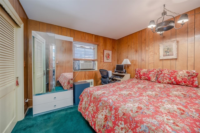 carpeted bedroom with wood walls and cooling unit