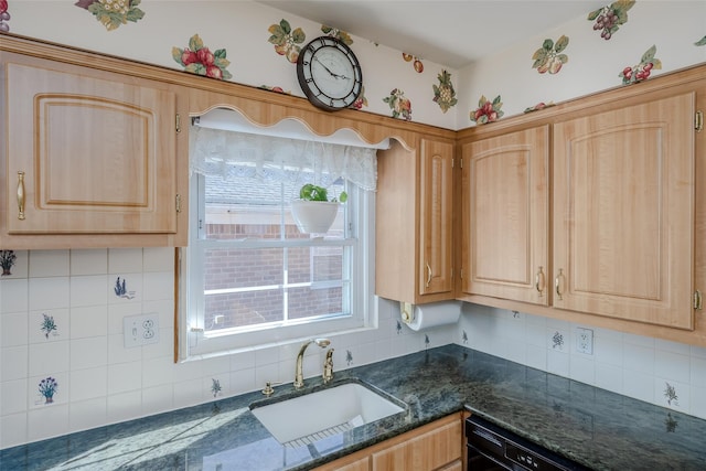 kitchen featuring a sink, dark stone countertops, and backsplash