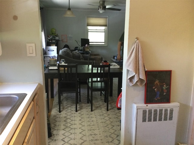 268-03 83rd Ave Fl 2Nd, Floral Park, NY 11040 - dining space with radiator heating unit, light floors, ceiling fan, and ornamental molding