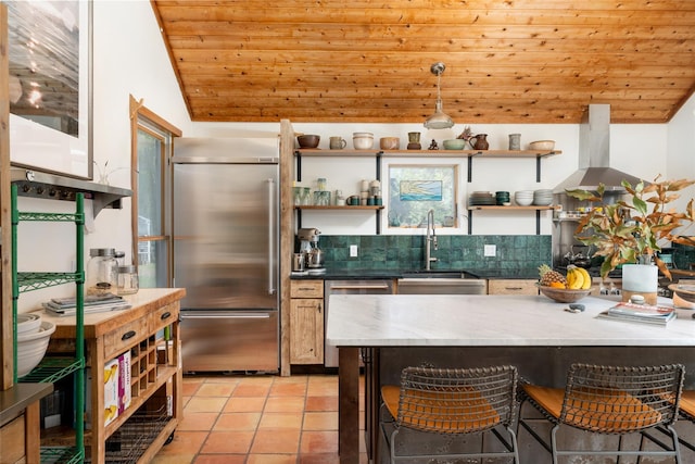 kitchen with open shelves, wall chimney exhaust hood, wooden ceiling, a sink, and stainless steel appliances