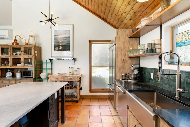 kitchen featuring open shelves, vaulted ceiling, a wall mounted air conditioner, a sink, and wooden ceiling