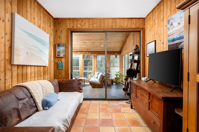 living room with wood walls