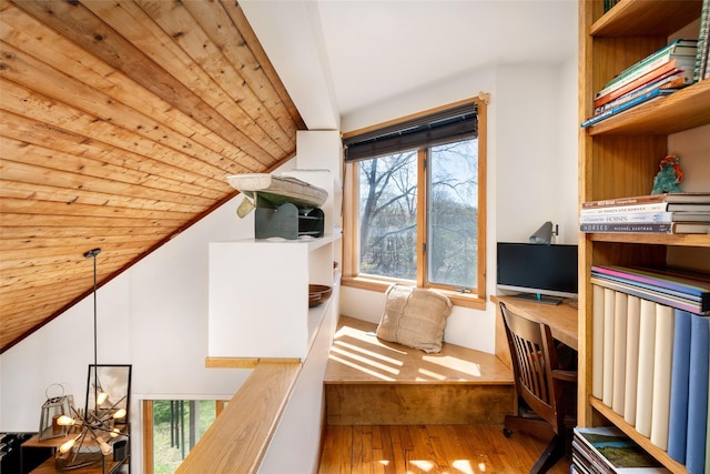 office area featuring lofted ceiling, hardwood / wood-style floors, and wooden ceiling