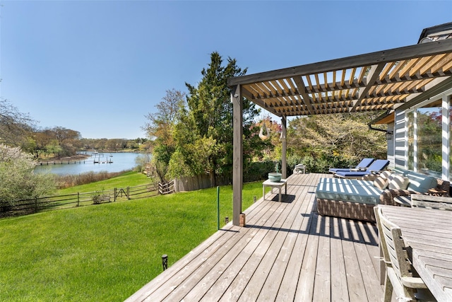 wooden deck featuring a fenced backyard, a pergola, a water view, and a lawn