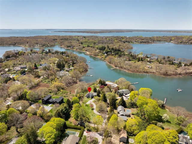 drone / aerial view featuring a water view