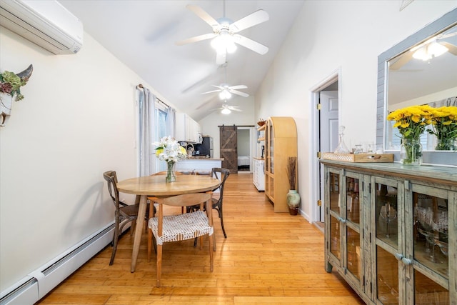 323 New York Ave, Long Beach, NY 11561 - dining room with a wall mounted air conditioner, baseboard heating, a barn door, a ceiling fan, and vaulted ceiling