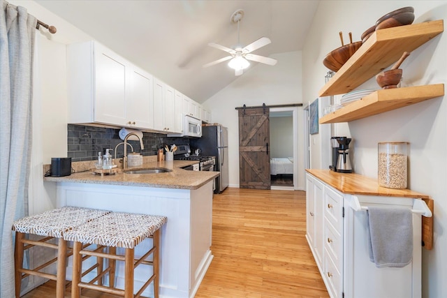 323 New York Ave, Long Beach, NY 11561 - kitchen featuring open shelves, a barn door, a sink, light wood-style flooring, and stainless steel appliances