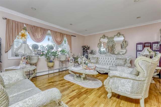 living area featuring ornamental molding, wood finished floors, and a baseboard radiator