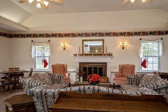 800 Commons Way Unit B, Fishkill, NY 12524 - living area featuring a ceiling fan, plenty of natural light, lofted ceiling, and a brick fireplace