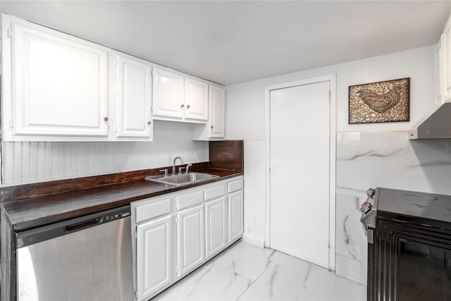 14-11 Cross Bay Blvd, Broad Channel, NY 11693 - kitchen featuring dishwasher, a sink, electric stove, light marble finish floors, and white cabinetry