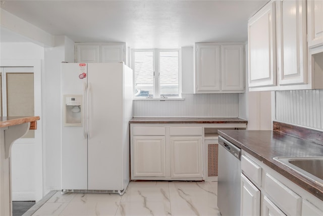 14-11 Cross Bay Blvd, Broad Channel, NY 11693 - kitchen with white fridge with ice dispenser, stainless steel dishwasher, light marble finish flooring, and white cabinets