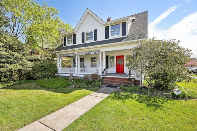 view of front of property featuring a porch, roof with shingles, a chimney, and a front yard