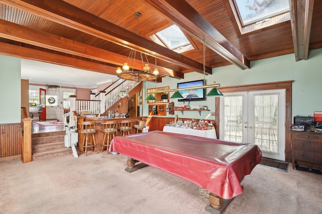 playroom with a dry bar, carpet floors, french doors, billiards, and beamed ceiling