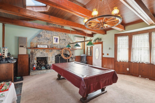 playroom with a wainscoted wall, a wall mounted air conditioner, beam ceiling, and pool table