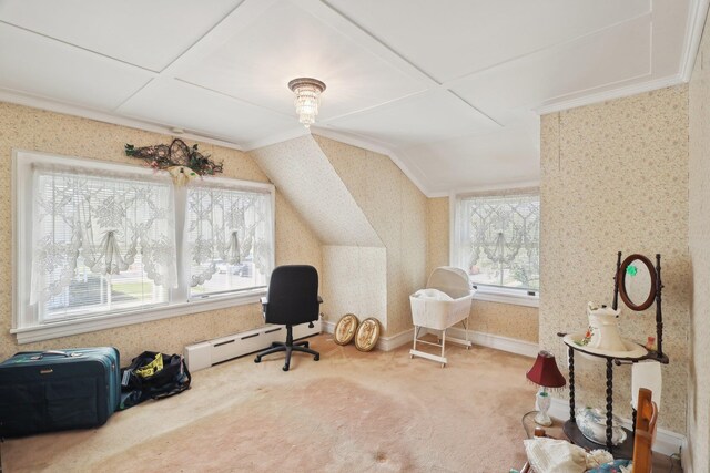 home office featuring carpet flooring, wallpapered walls, vaulted ceiling, and a baseboard radiator