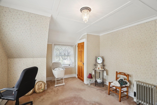 carpeted office with baseboards, radiator, lofted ceiling, and wallpapered walls