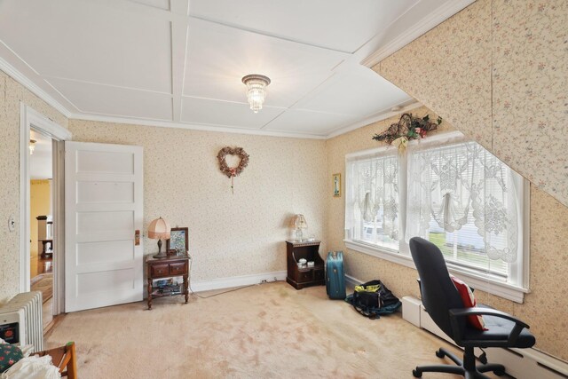 carpeted office with crown molding and wallpapered walls