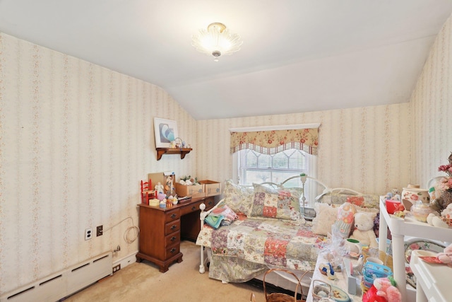 carpeted bedroom with wallpapered walls, vaulted ceiling, and baseboard heating