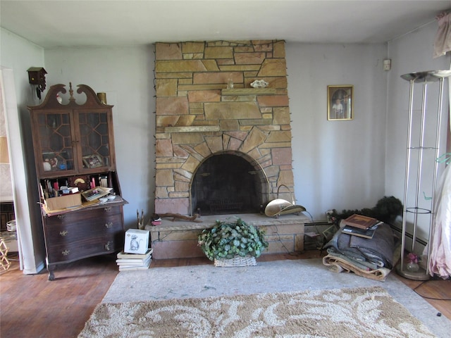 living room with a fireplace and wood finished floors