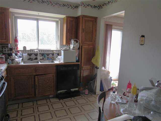 kitchen featuring a sink, light countertops, a healthy amount of sunlight, and dishwasher