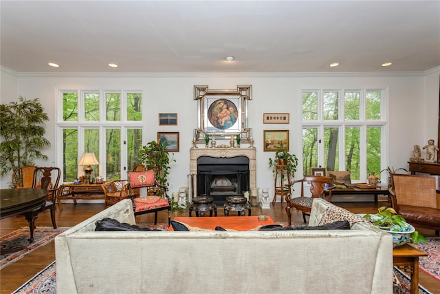 living room featuring crown molding, a fireplace, healthy amount of natural light, dark wood-style flooring, and recessed lighting