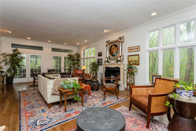 living room with french doors, crown molding, a fireplace, wood finished floors, and recessed lighting