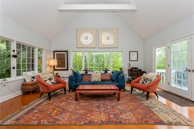 living room with high vaulted ceiling, wood-type flooring, and plenty of natural light